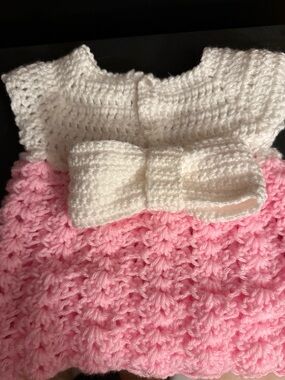 Hand-Crocheted Pink and Cream Dress with Bow Hair Tie